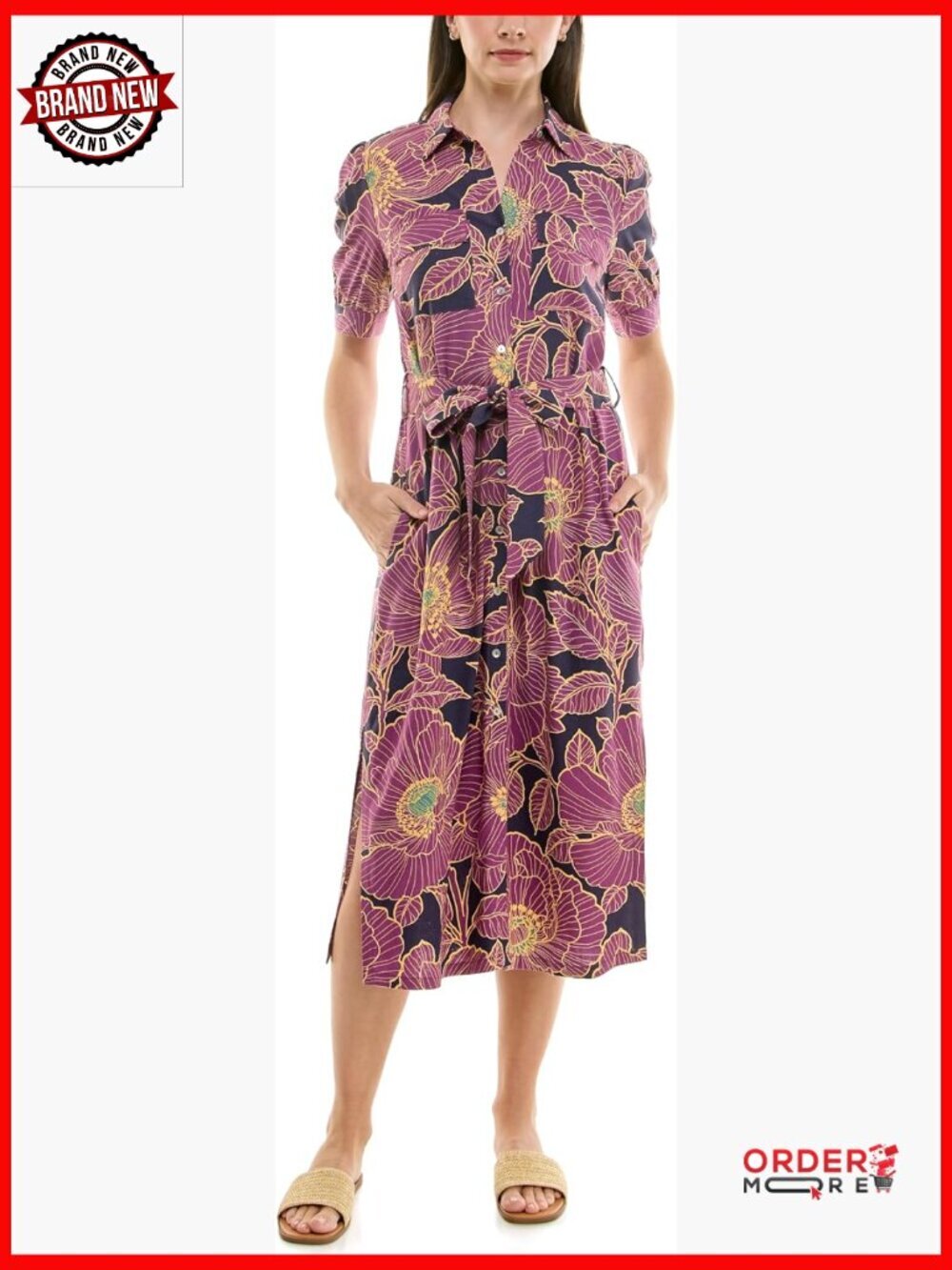 Short Sleeved Printed Shirt Dress with Self Belt